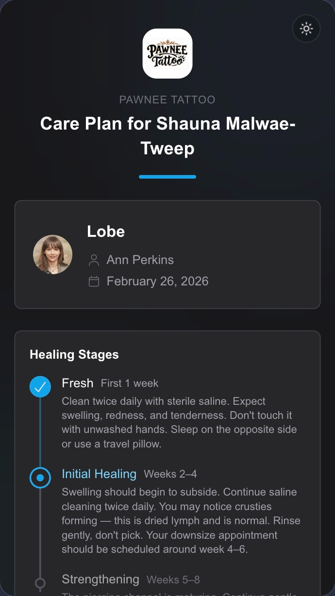 REV23 Cloud Care Journeys — personalized aftercare page with healing progress, stage-by-stage instructions, and check-in reminders for tattoo and piercing customers