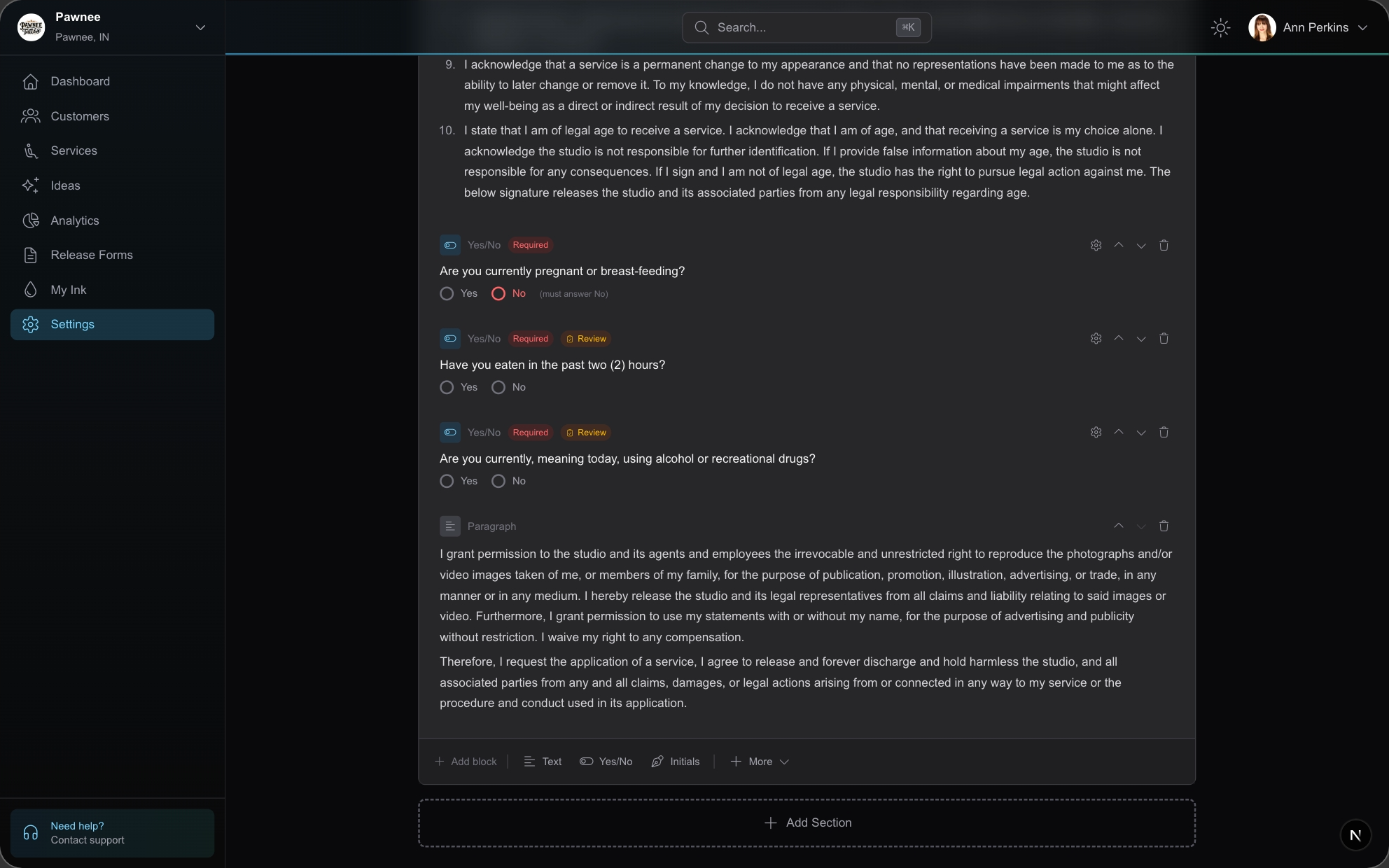 REV23 Cloud digital tattoo release form template designer with medical history, ID capture, age verification, guardian co-signature, and e-signature fields